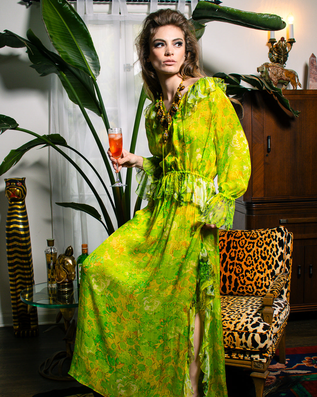 Roberto Cavalli Silk Floral Peasant Dress front on model holding drink  @recess la