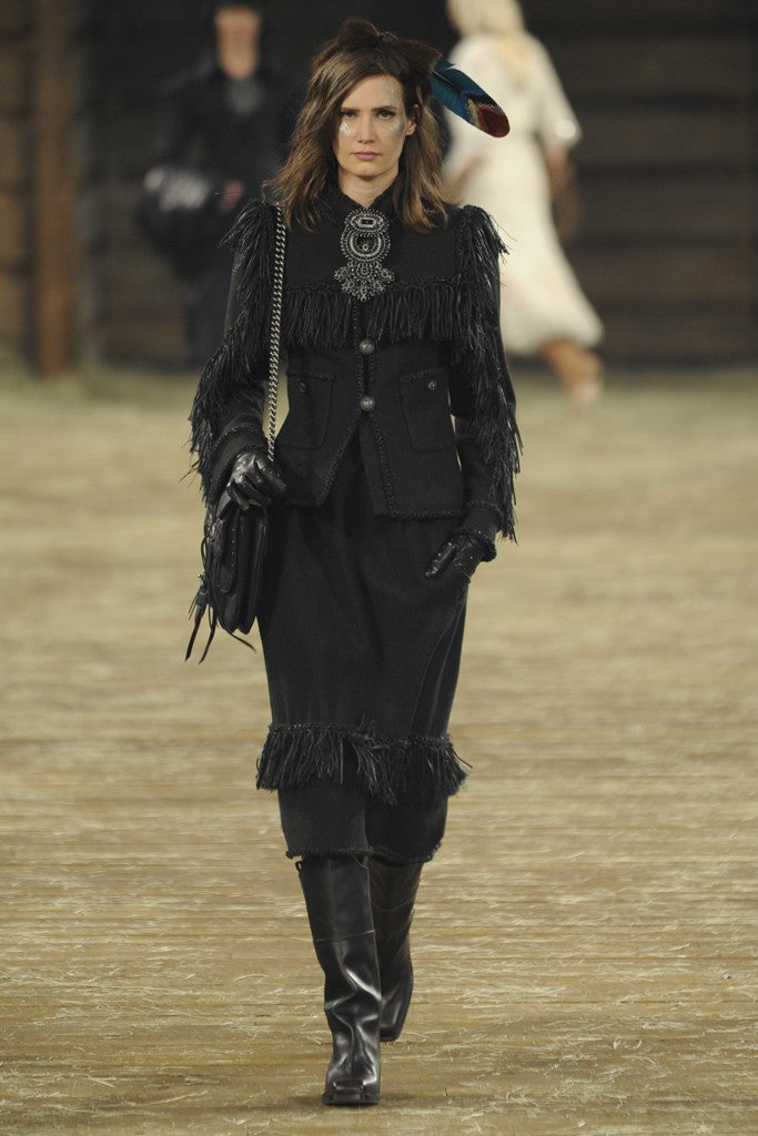 Chanel 2014 Pre-Fall Herringbone Leather Fringe Jacket on runway model @recess la