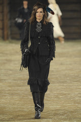 Chanel 2014 Pre-Fall Herringbone Leather Fringe Jacket on runway model @recess la