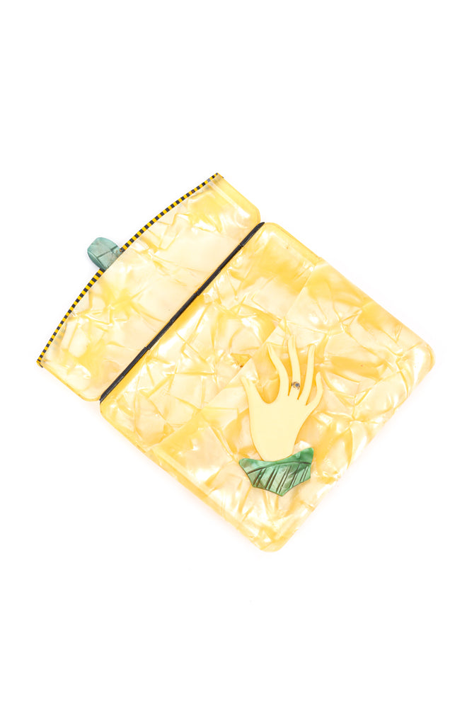 Vintage Pearlescent Celluloid Cigarette Case III front with flap open @recess la