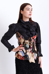 Lace & Leather Patchwork Underbust Corset by Guy Laroche on model with blouse @recess LA