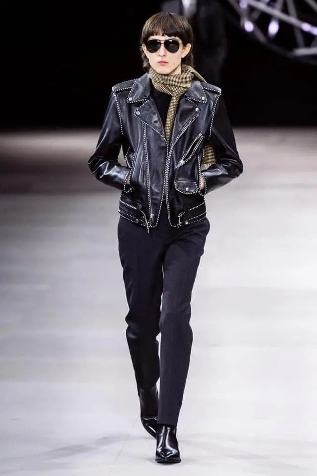 Celine 2019 F/W Piped Leather Biker Jacket on runway model @recess la