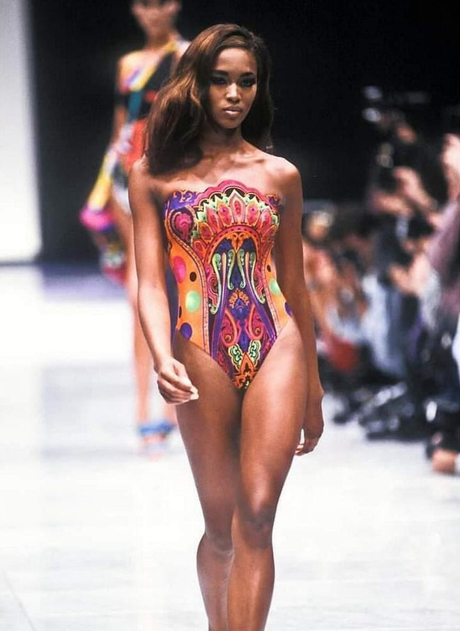 Damask Dot Scarf Top by Gianni Versace similar print on model on 1991 runway
