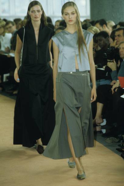 Vintage Chanel Iridescent Carwash Skirt on model in grey on 1999 runway