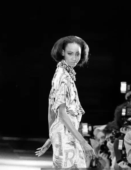 Abstract sketch print silk shirt by Gianni Versace on model on 1991 runway 