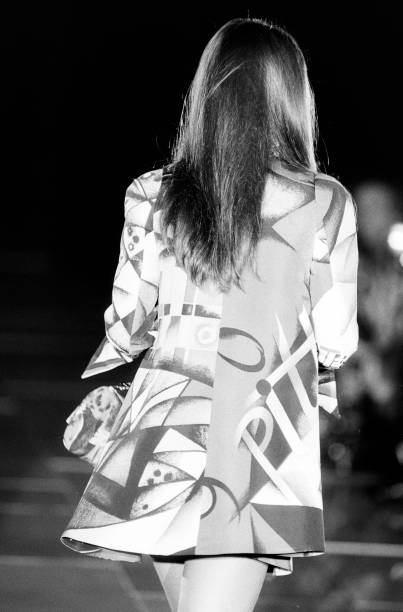 abstract graphic print silk shirt by Gianni Versace print on model jacket on 1991 runway