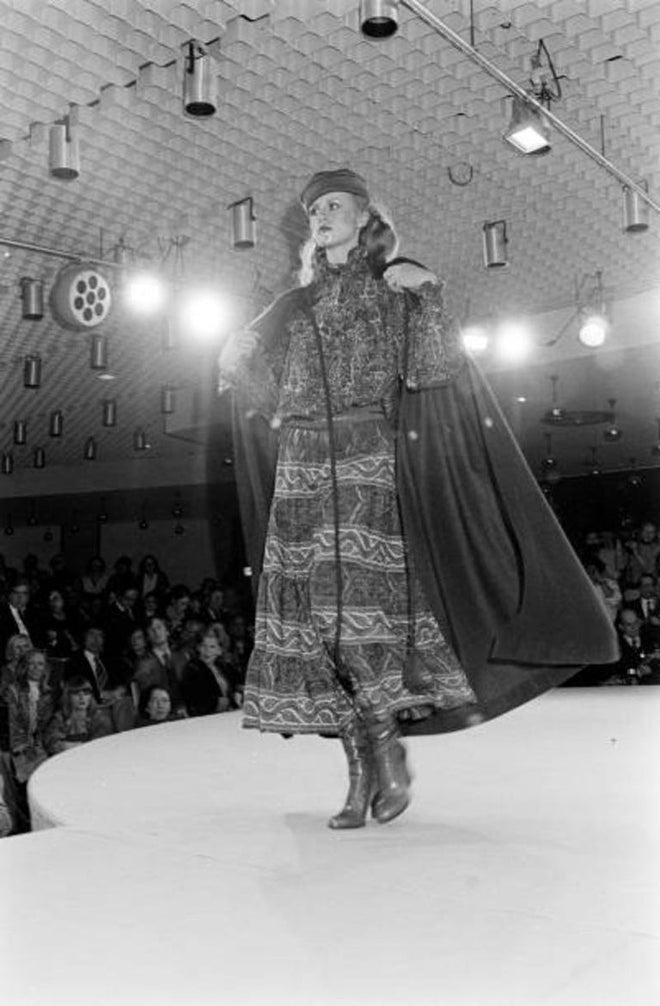 Ruffle Tassel Cape by Saint Laurent on model on 1977 runway