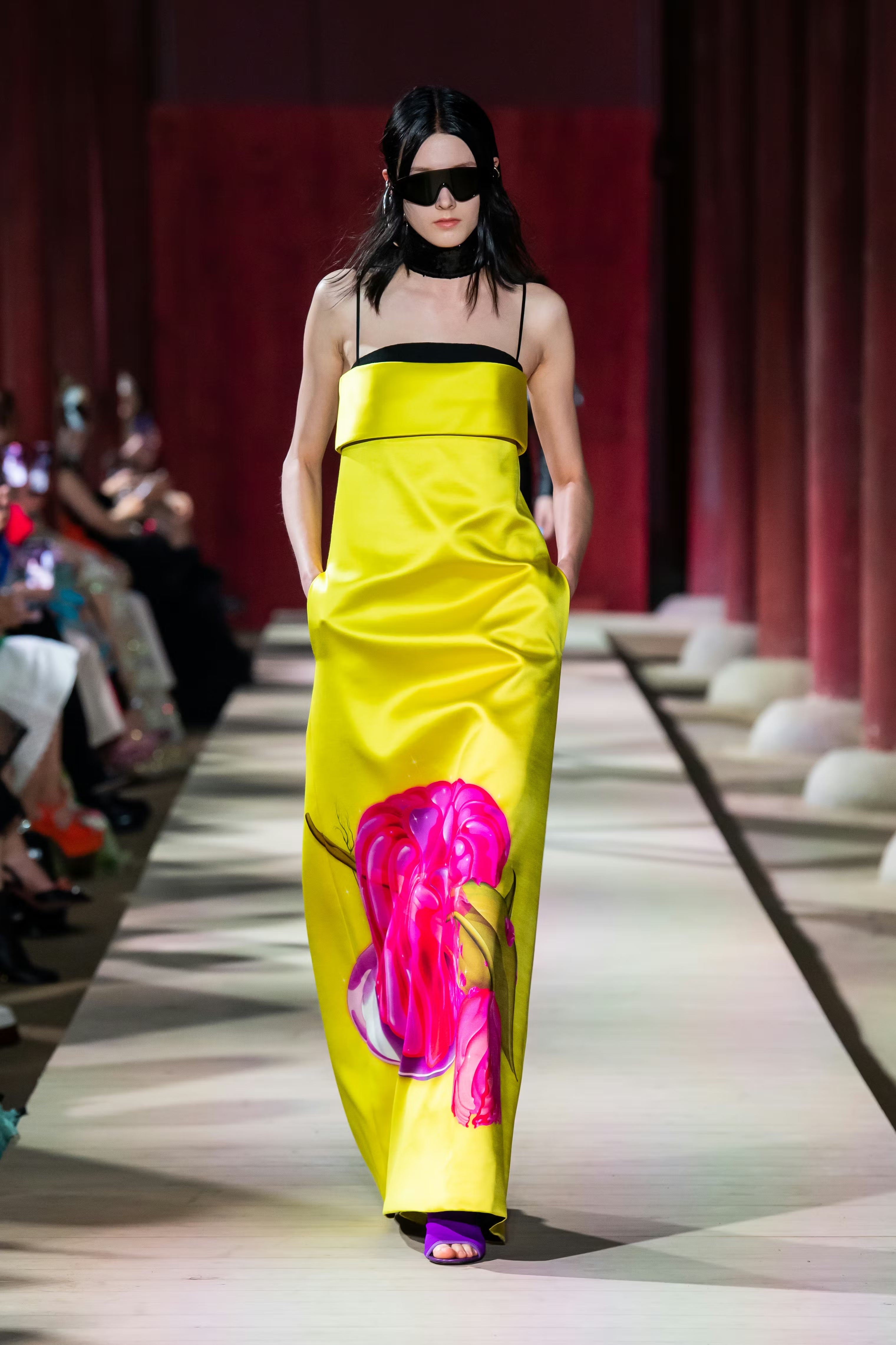 satin gown by Gucci on model on runway @ Recess LA