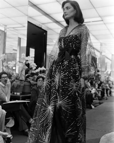 Halston Fireworks Sequin Evening Jacket sequin pattern on dress on 1980 runway black and white 