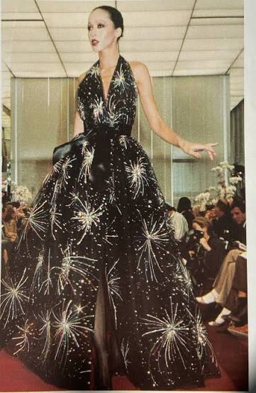 Halston Fireworks Sequin Evening Jacket sequin pattern on dress on 1980 runway @ Recess LA 