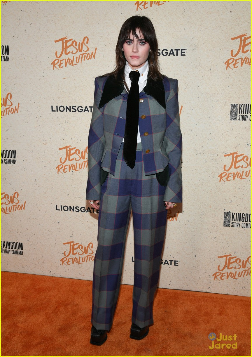 Velvet & Wool Plaid Suit by Vivienne Westwood on actress Ally Ioanides at Jesus Revolution premiere 