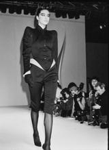 Structured blazer by Thierry Mugler on model on 1988 runway