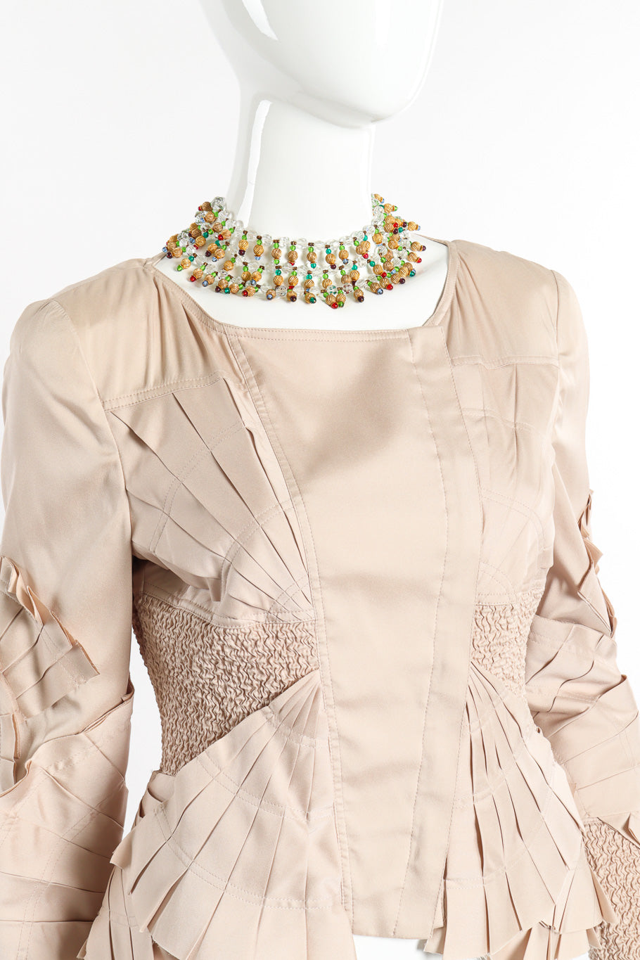 Vintage 3-Strand Beaded Necklace on mannequin paired with 2004 S/S Fan Pleat Shirred Jacket @Recessla