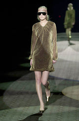 Metallic Gathered Mini Dress by Gucci on model on runway @ Recess LA