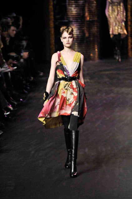 Christian Lacroix Print Silk Sequin Gown print on model on 2008 runway