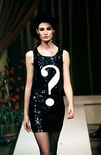 Vintage Moschino Sequin Question Mark Dress on model on 1998 runway