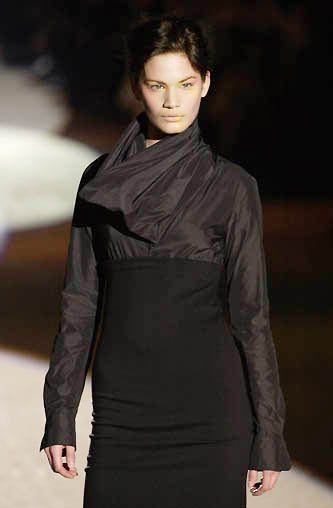 Vintage Romeo Gigli Wool Cowl Neck Funnel Dress on model on 2001 runway