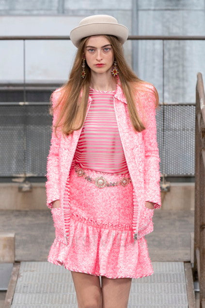 stripe silk top by Chanel on model on 2020 runway @ Recess LA