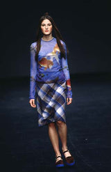 Vintage Vivienne Tam Gold Fish Mesh Top on model on 1998 runway