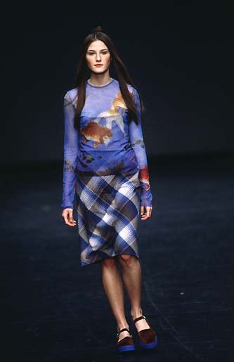 Vintage Vivienne Tam Gold Fish Mesh Top on model on 1998 runway