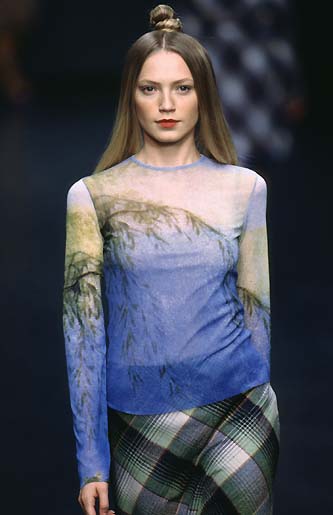 Vintage Vivienne Tam seaweed Mesh Top on model on 1998 runway