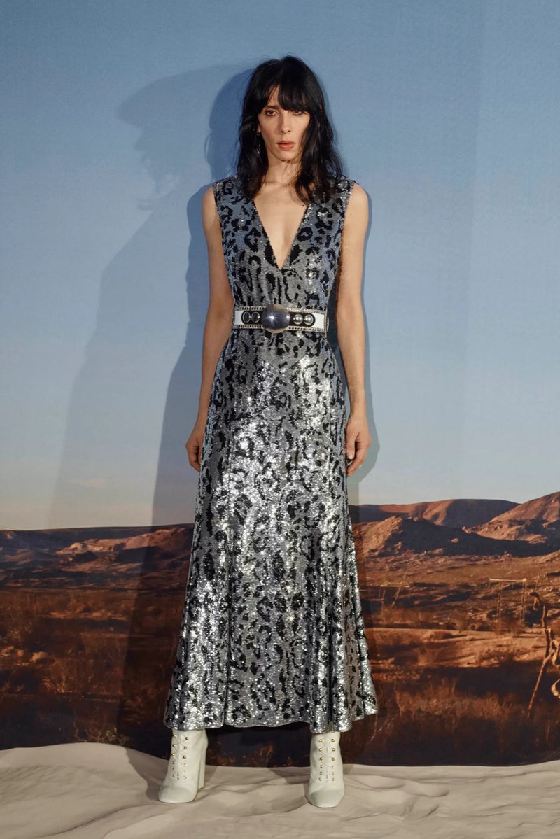 Roberto Cavalli 2016 Resort Collection Snow Leopard Sequin Gown on model @RECESS LA