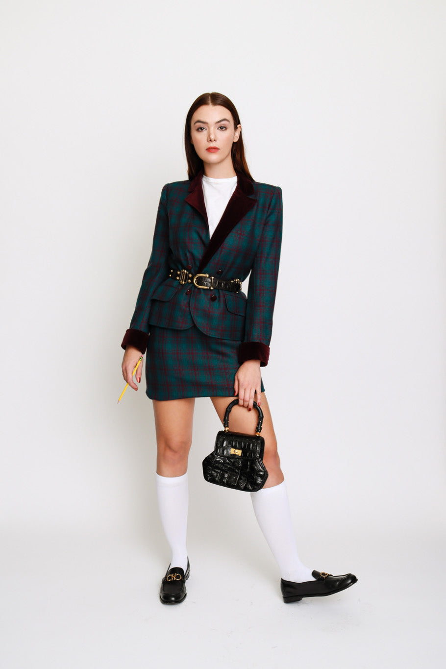 Plaid Velvet Trim Jacket & Skirt Set by Jean Louis Scherrer model @Recess LA