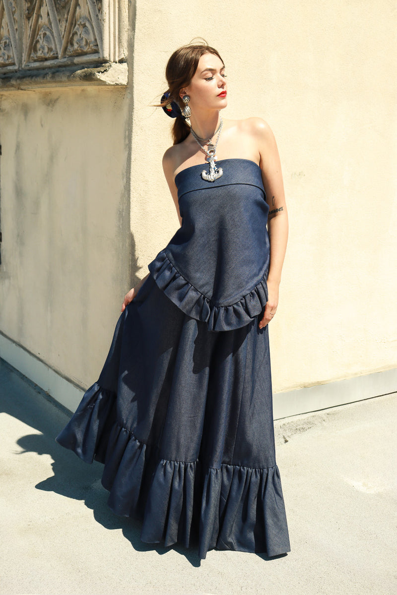 Adolfo Denim Shawl & Skirt Set on model @RECESS LA