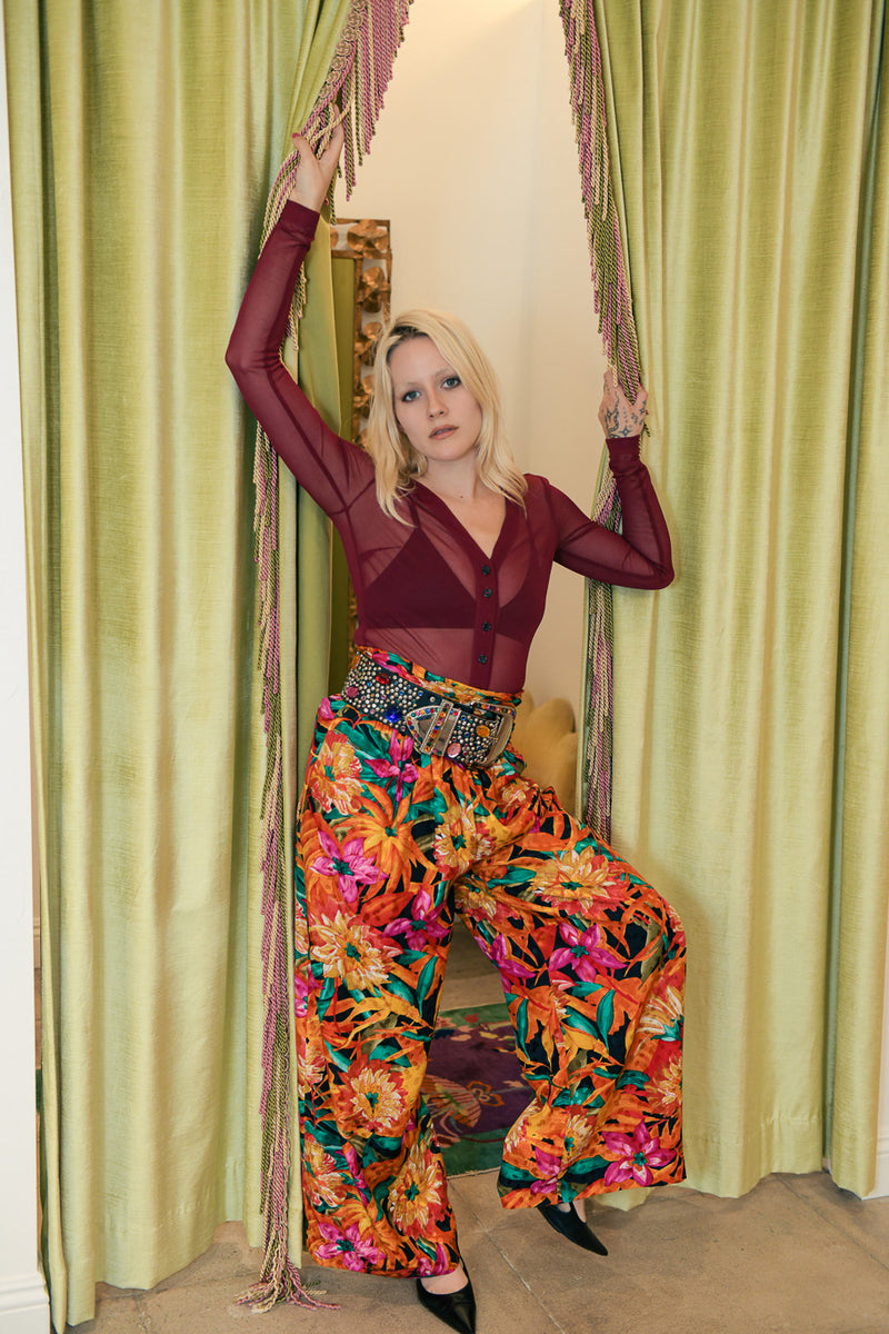 Bob Mackie Floral Print Silk Pants on model @RECESS LA