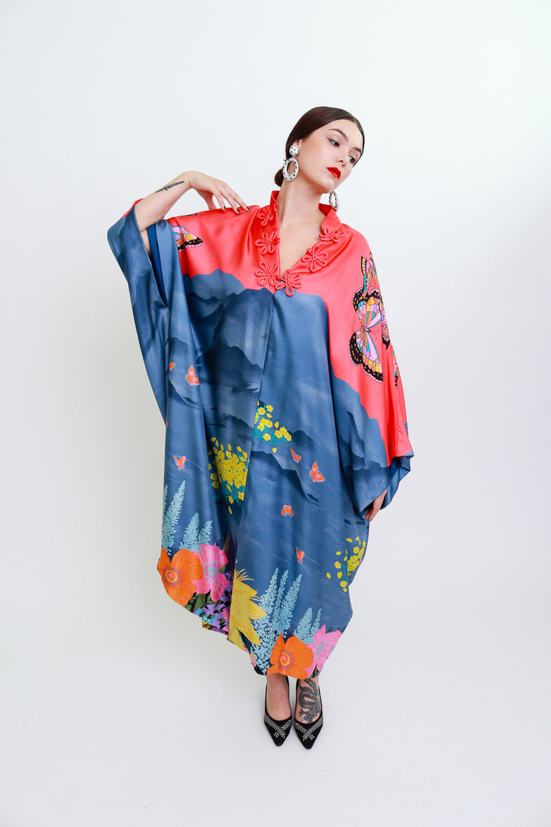 Hanae Mori Mountain Flowers & Butterflies Caftan on model @RECESS LA