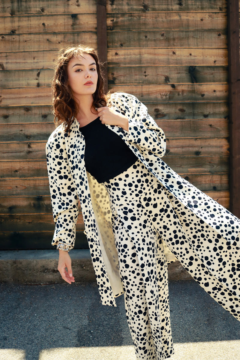 Vintage Dalmatian Duster & Palazzo Pant Silk Suit on model @RECESS LA