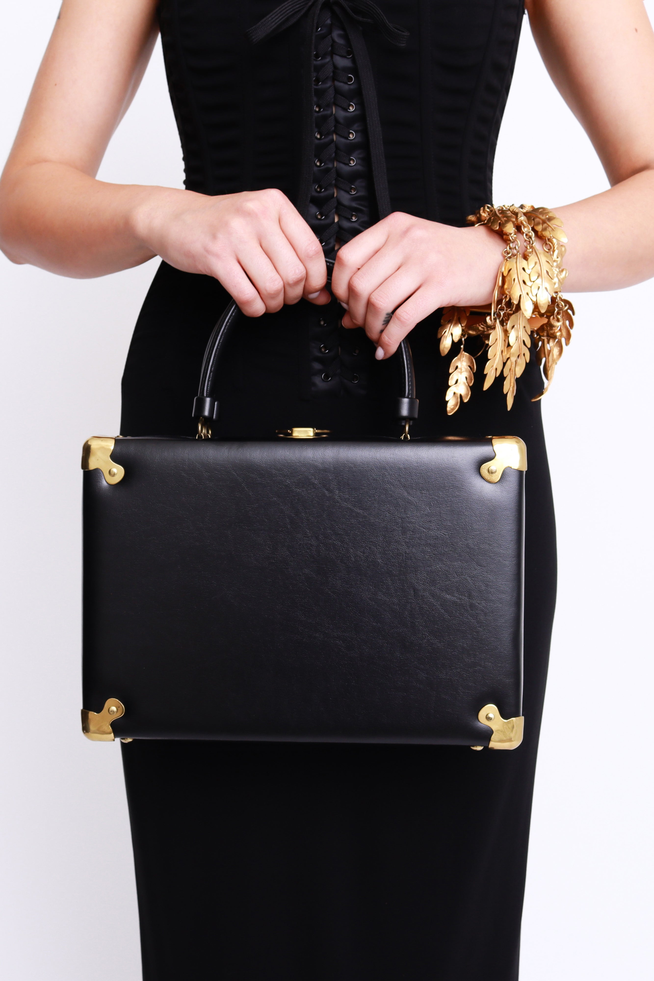 Black Leather Box Bag by Delill held by model @ recess LA