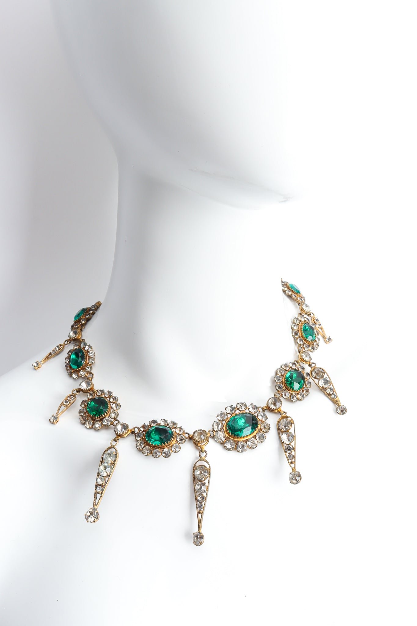 Vintage Emerald Rhinestone Drop Necklace on mannequin @ Recess Los Angeles