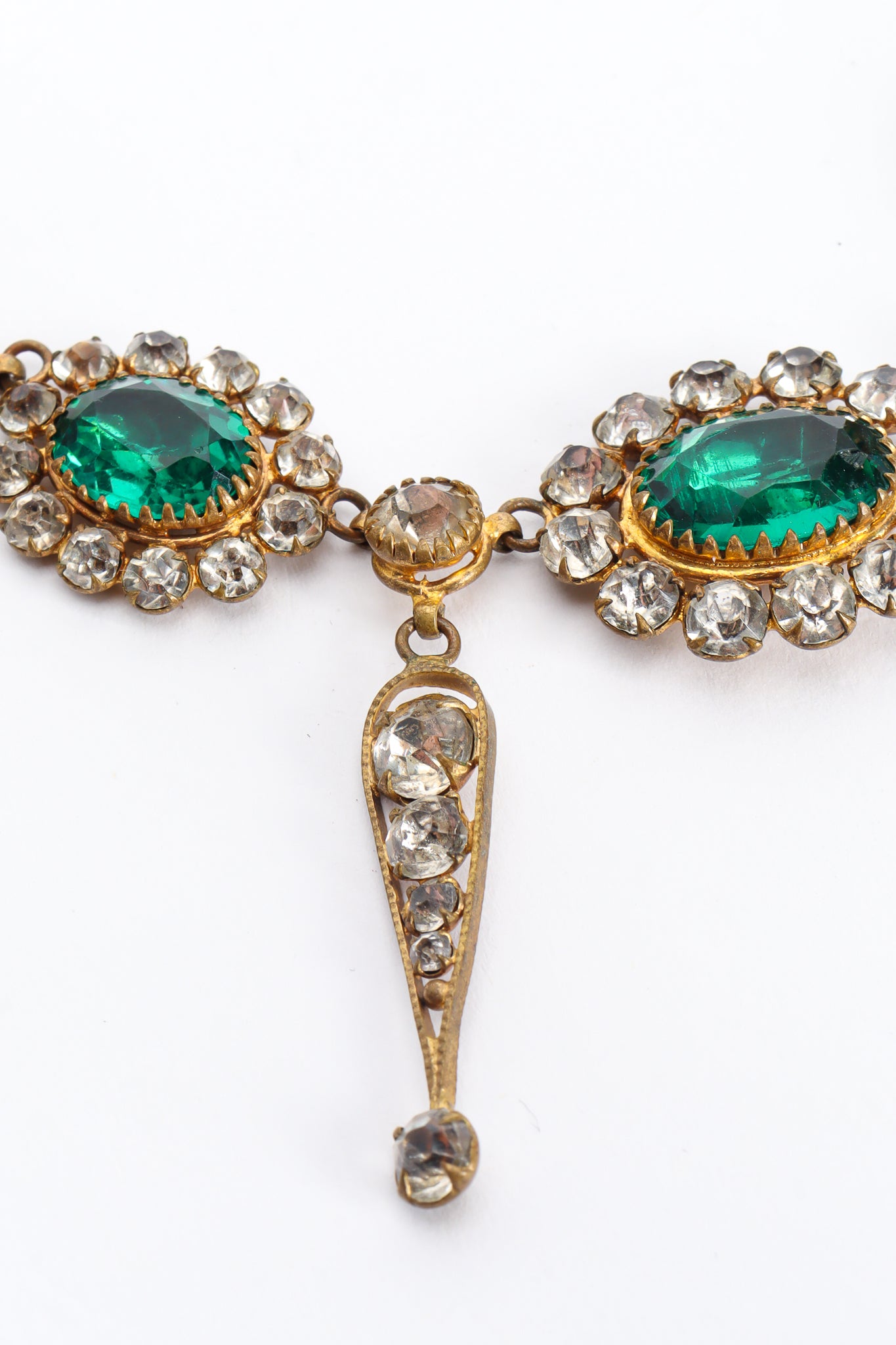 Vintage Emerald Rhinestone Drop Necklace close up @ Recess Los Angeles