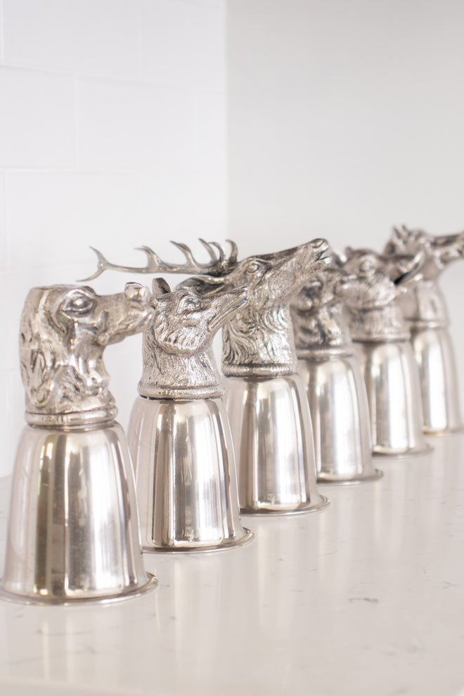 Vintage Gucci 6 Silver Hunting Animal Stirrup Cups & Tray Set at Recess Home Los Angeles