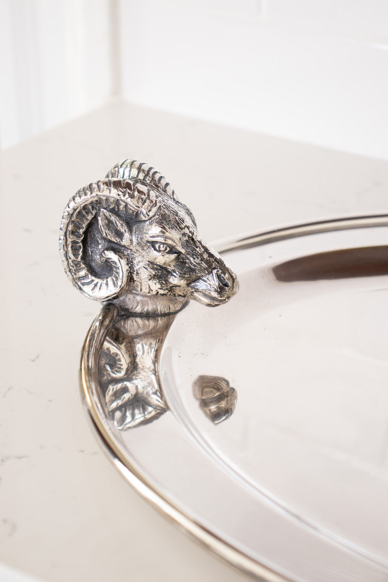 Vintage Gucci 6 Silver Hunting Animal Stirrup Cups & Tray Set rams head tray @ Recess Home LA