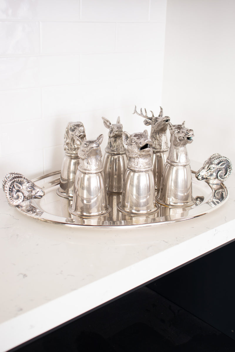 Vintage Gucci 6 Silver Hunting Animal Stirrup Cups & Tray Set at Recess Home Los Angeles