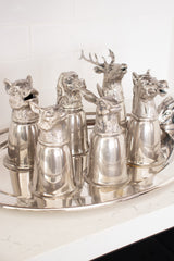 Vintage Gucci 6 Silver Hunting Animal Stirrup Cups & Tray Set rams head tray @ Recess Home LA