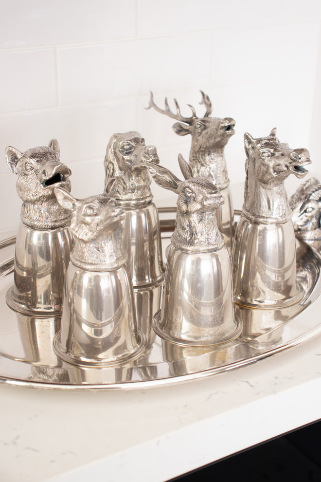 Vintage Gucci 6 Silver Hunting Animal Stirrup Cups & Tray Set rams head tray @ Recess Home LA