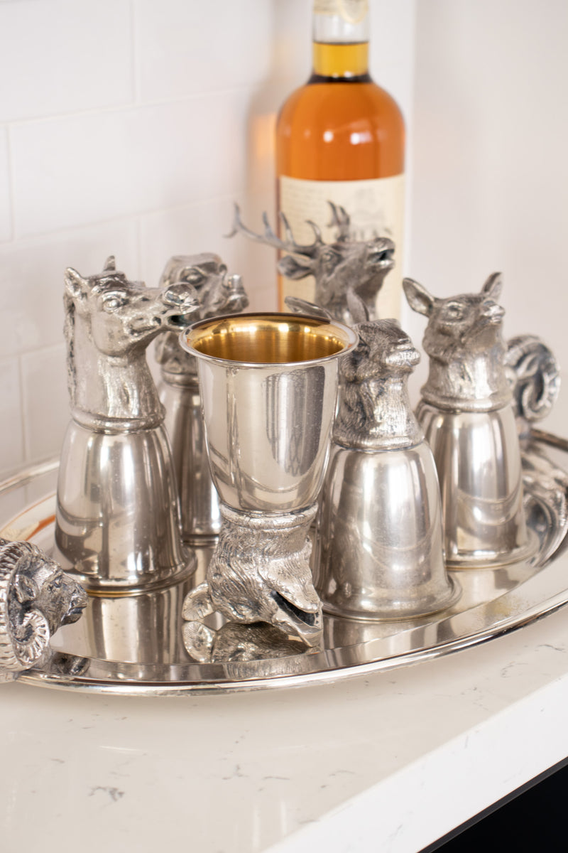 Vintage Gucci 6 Silver Hunting Animal Stirrup Cups & Tray Set service @ Recess Home LA