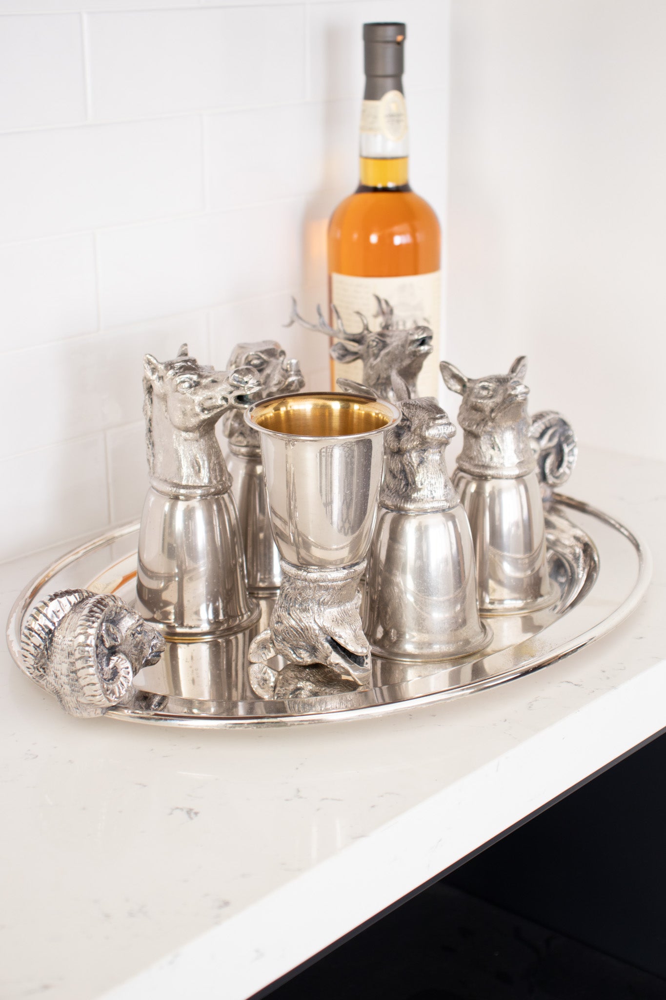Vintage Gucci 6 Silver Hunting Animal Stirrup Cups & Tray Set service @ Recess Home LA