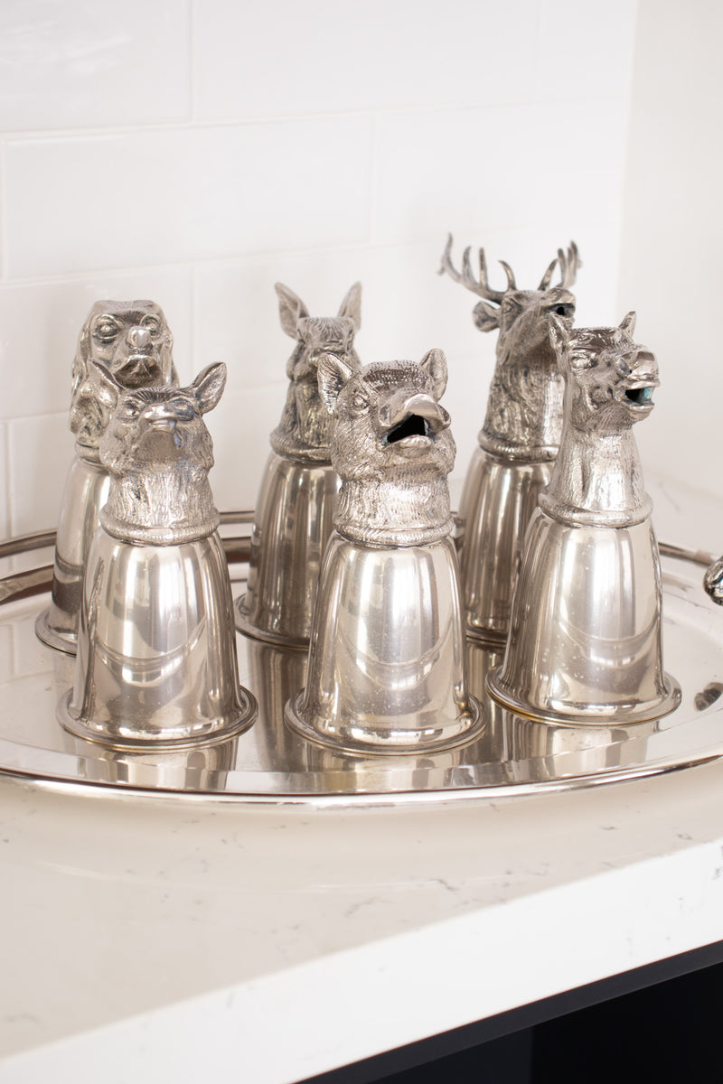 Vintage Gucci 6 Silver Hunting Animal Stirrup Cups & Tray Set at Recess Home Los Angeles
