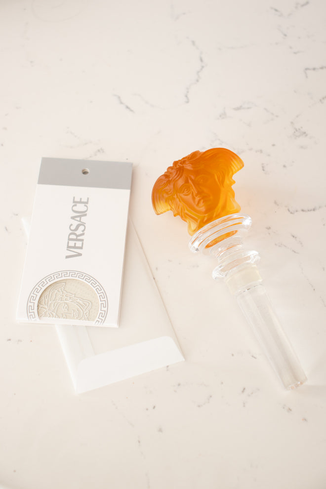 Vintage Versace Rosenthal Amber Medusa Crystal Bottle Stopper tag at Recess Home Los Angeles