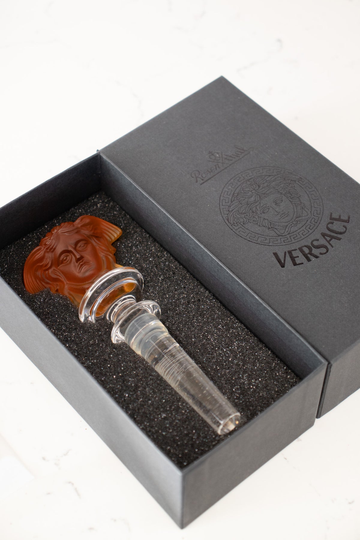 Rosenthal Versace Lead Crystal Wine Stopper outlet Amber Orange Medusa Greek NIB