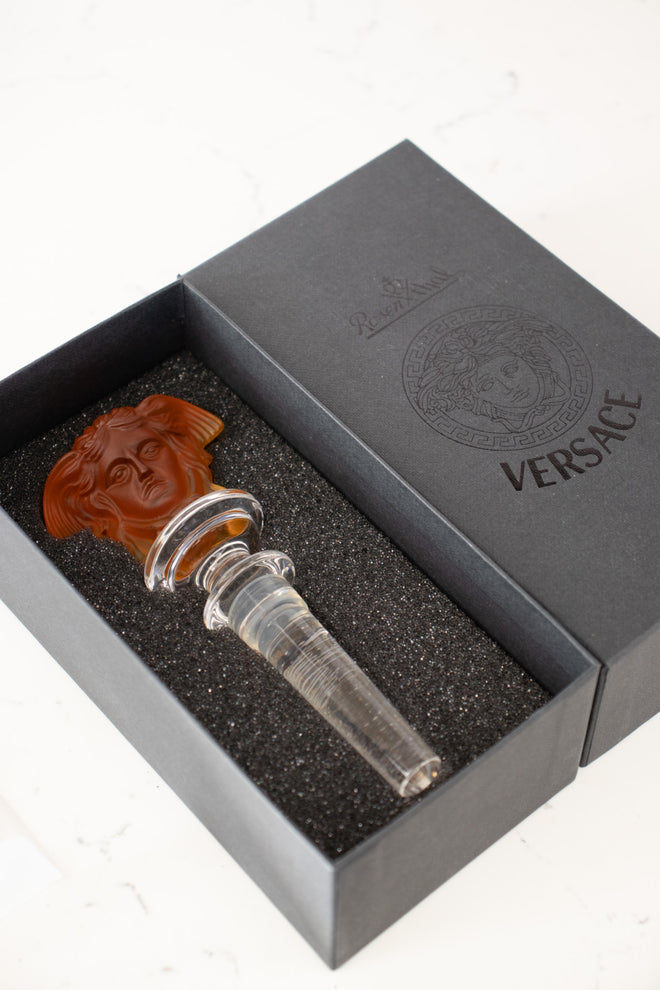 Vintage Versace Rosenthal Amber Medusa Crystal Bottle Stopper in box at Recess Home Los Angeles