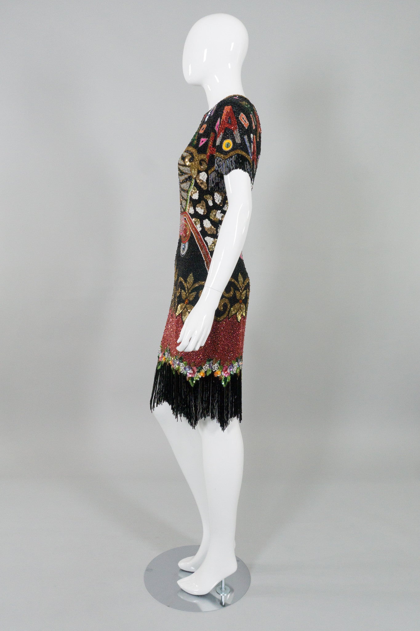 Naeeh Khan Riazee Vintage Beaded Alphabet Fringe Cocktail Dress