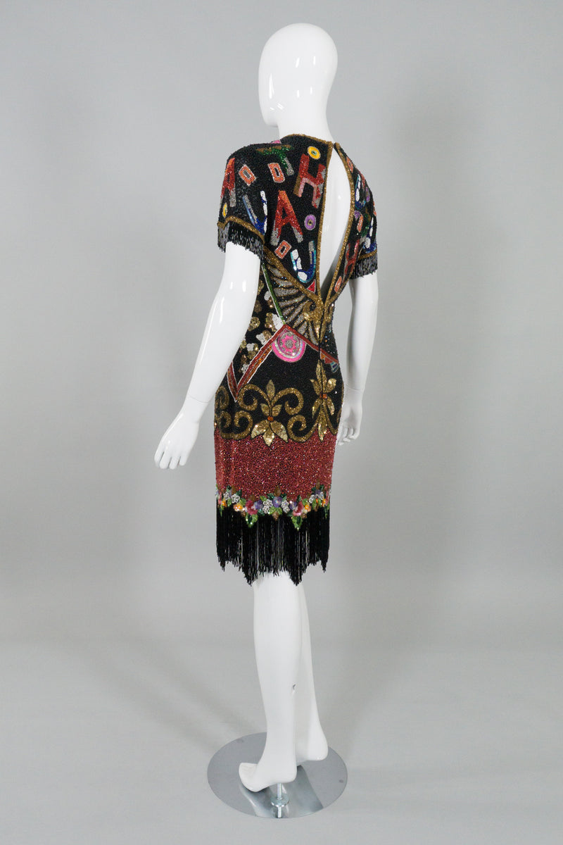 Naeeh Khan Riazee Vintage Beaded Alphabet Fringe Cocktail Dress