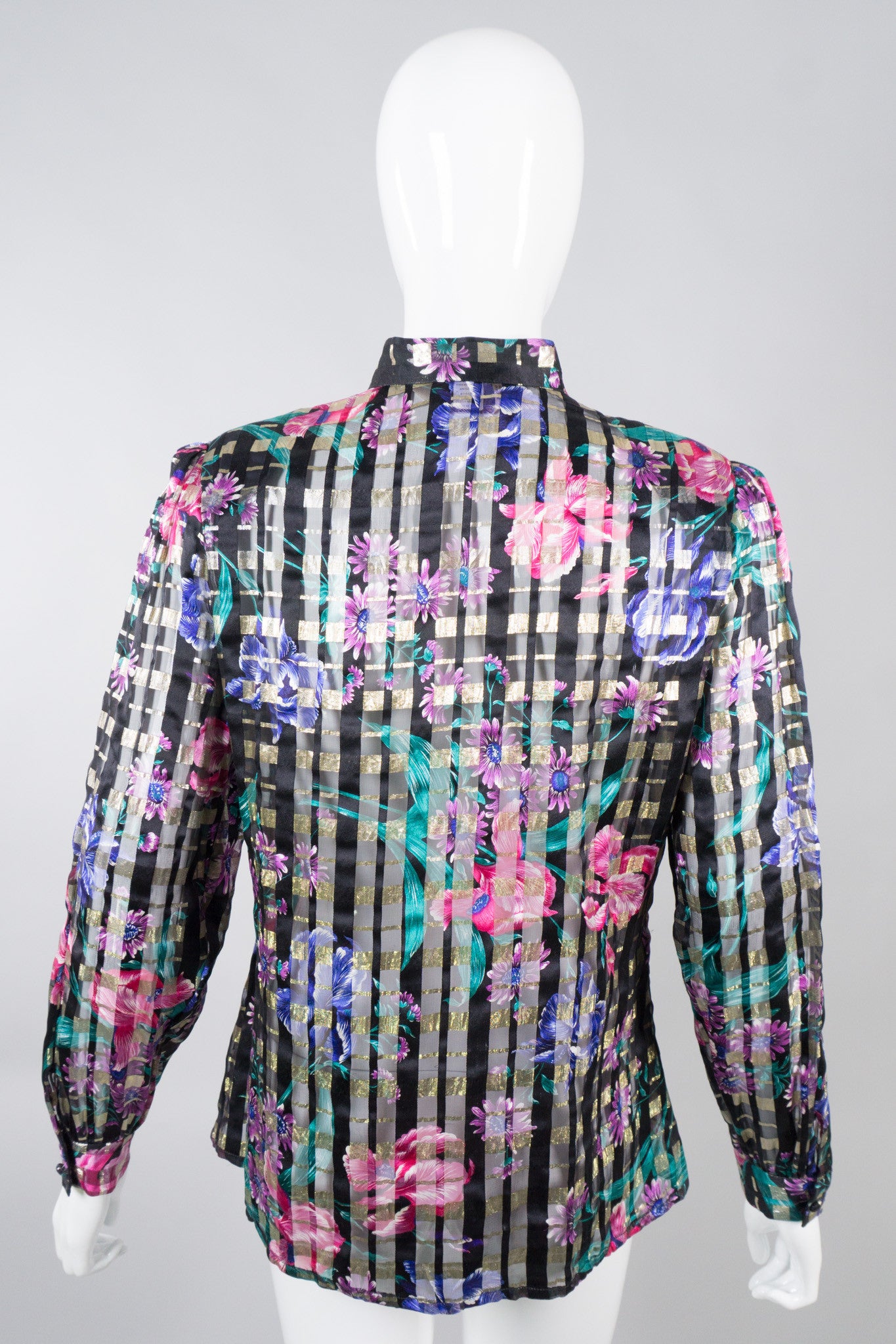 Oscar de la Renta Vintage Sheer Silk Floral Plaid Blouse