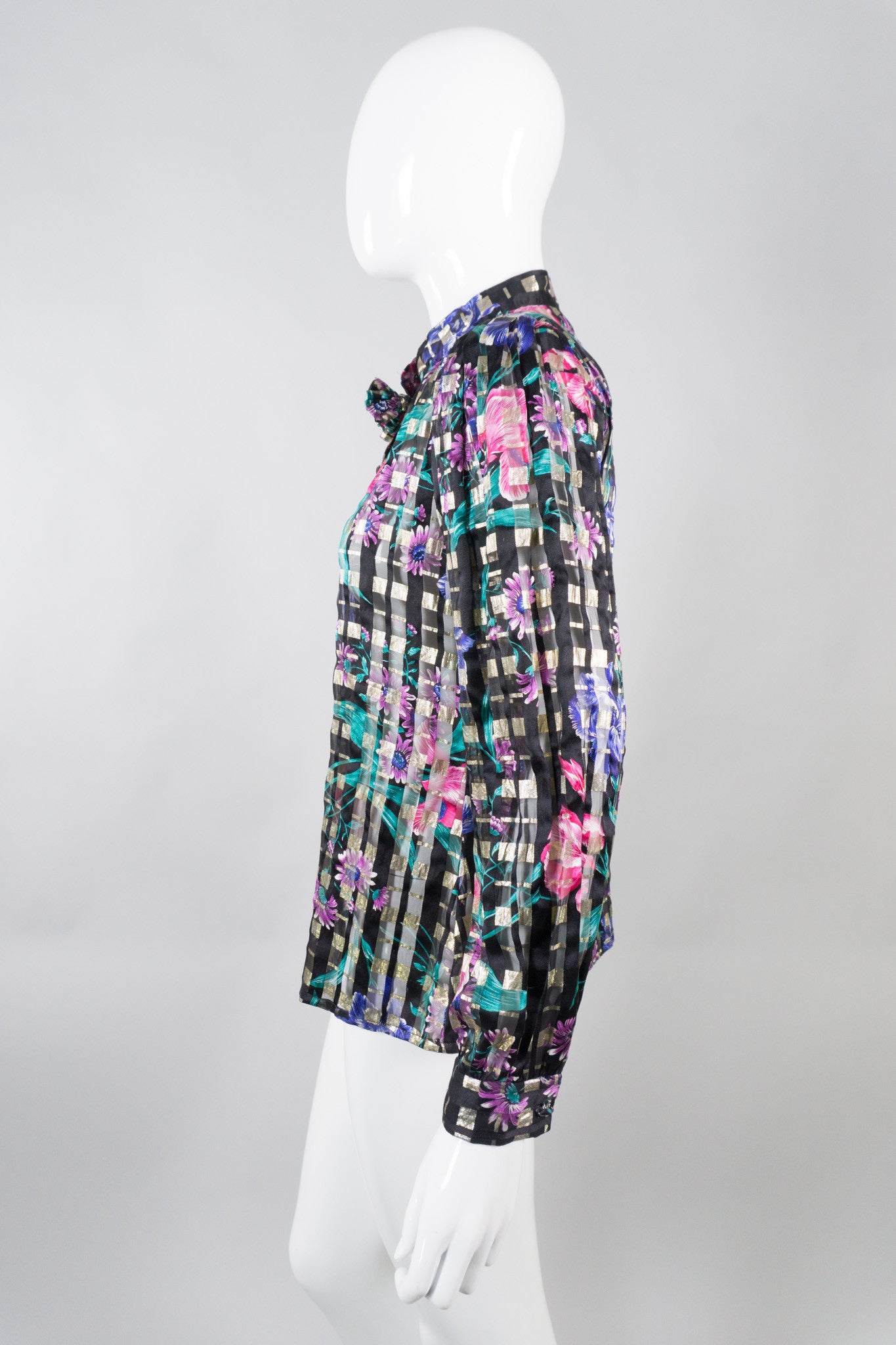Oscar de la Renta Vintage Sheer Silk Floral Plaid Blouse