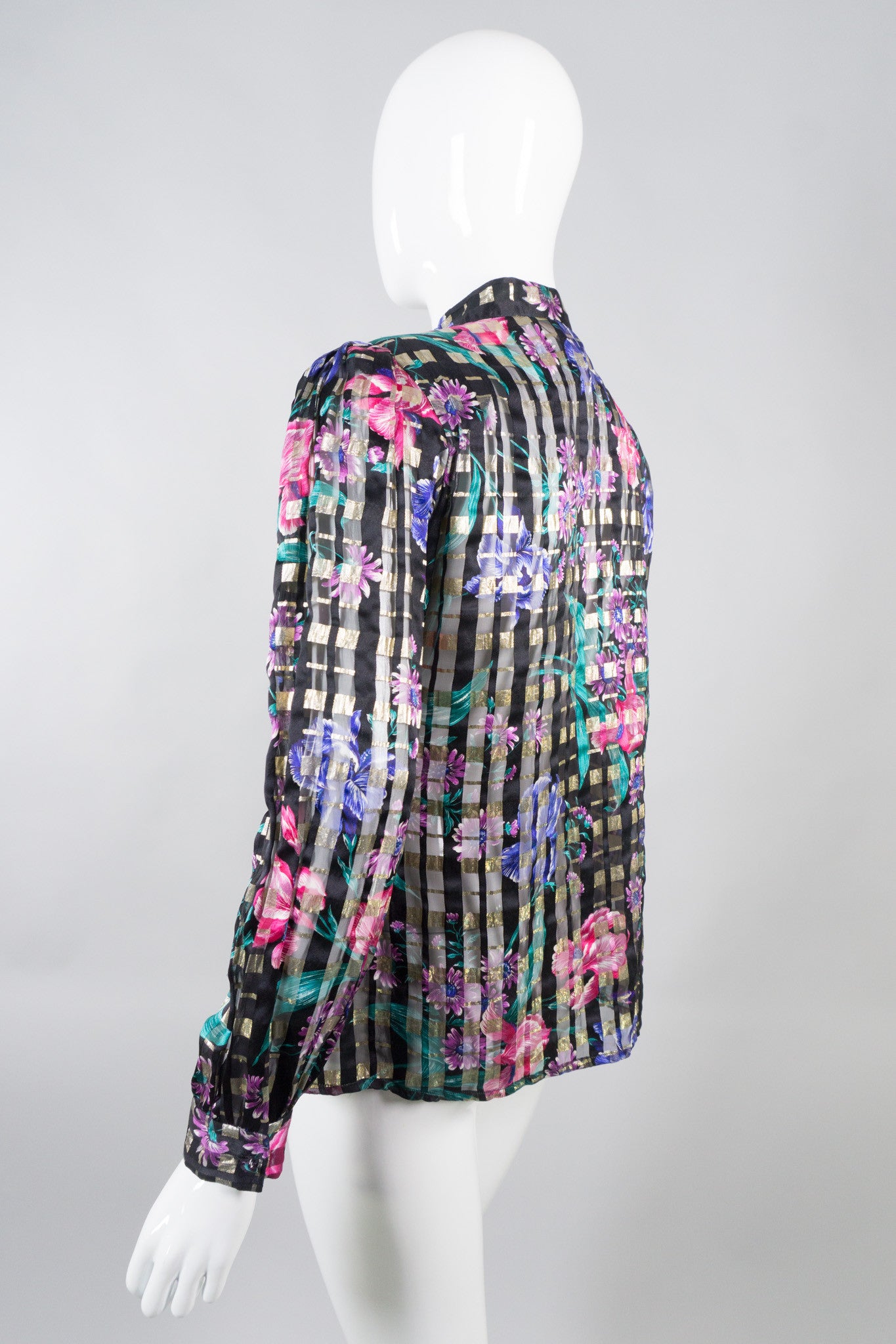 Oscar de la Renta Vintage Sheer Silk Floral Plaid Blouse